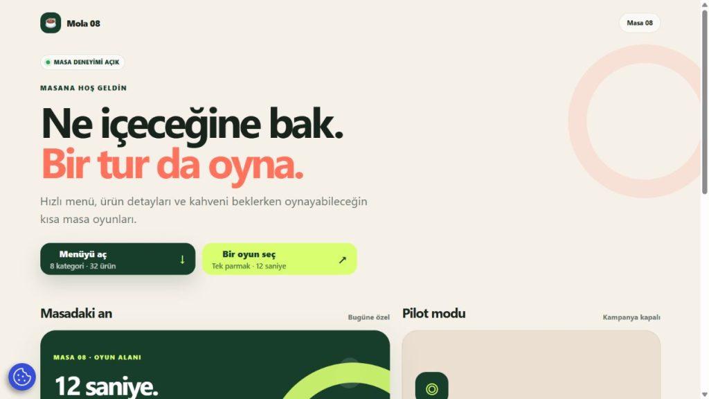 Mola 08 QR menü ve masa oyunları konsept demo site görünümü